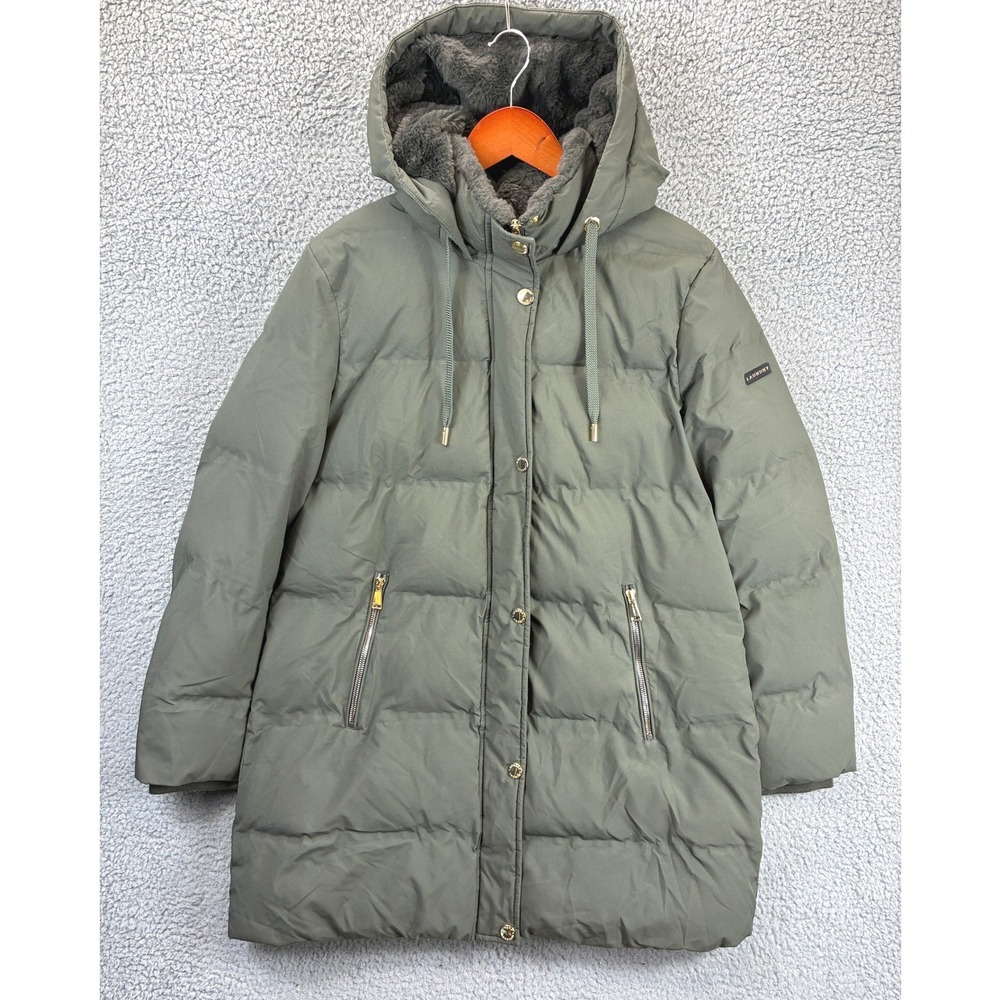 Laundry by Shelli Segal Puffer Coat Womens L Green Faux Fur Hood Winter Warm